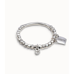 Pulsera de cuentas, pieza tubular y chapa con mensaje bañado en plata